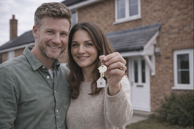 UK couple standing outside their new home holding house keys