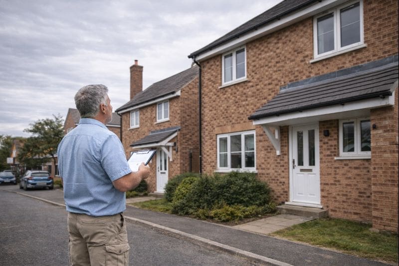 Surveyor visually inspecting walls and roof of a UK residential property