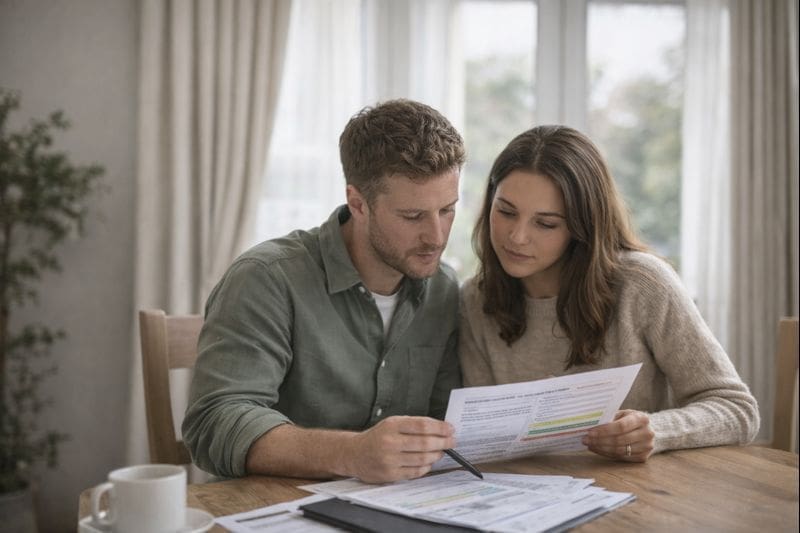 UK home buyers reviewing a property survey report together at a dining table