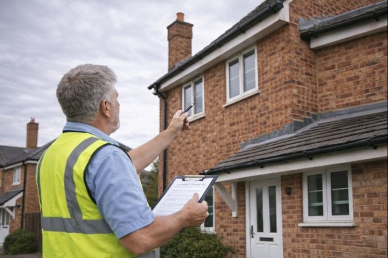 Surveyor pointing at roof and chimney during external property inspection
