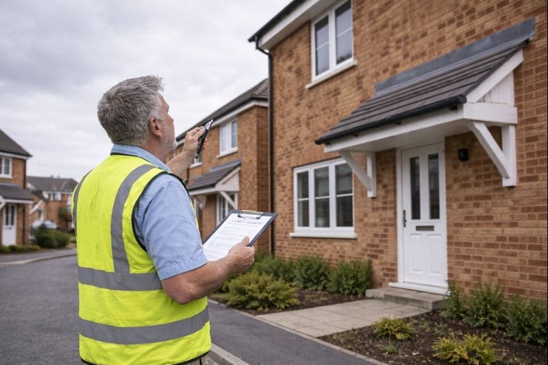 RICS surveyor inspecting a UK new build house before completion