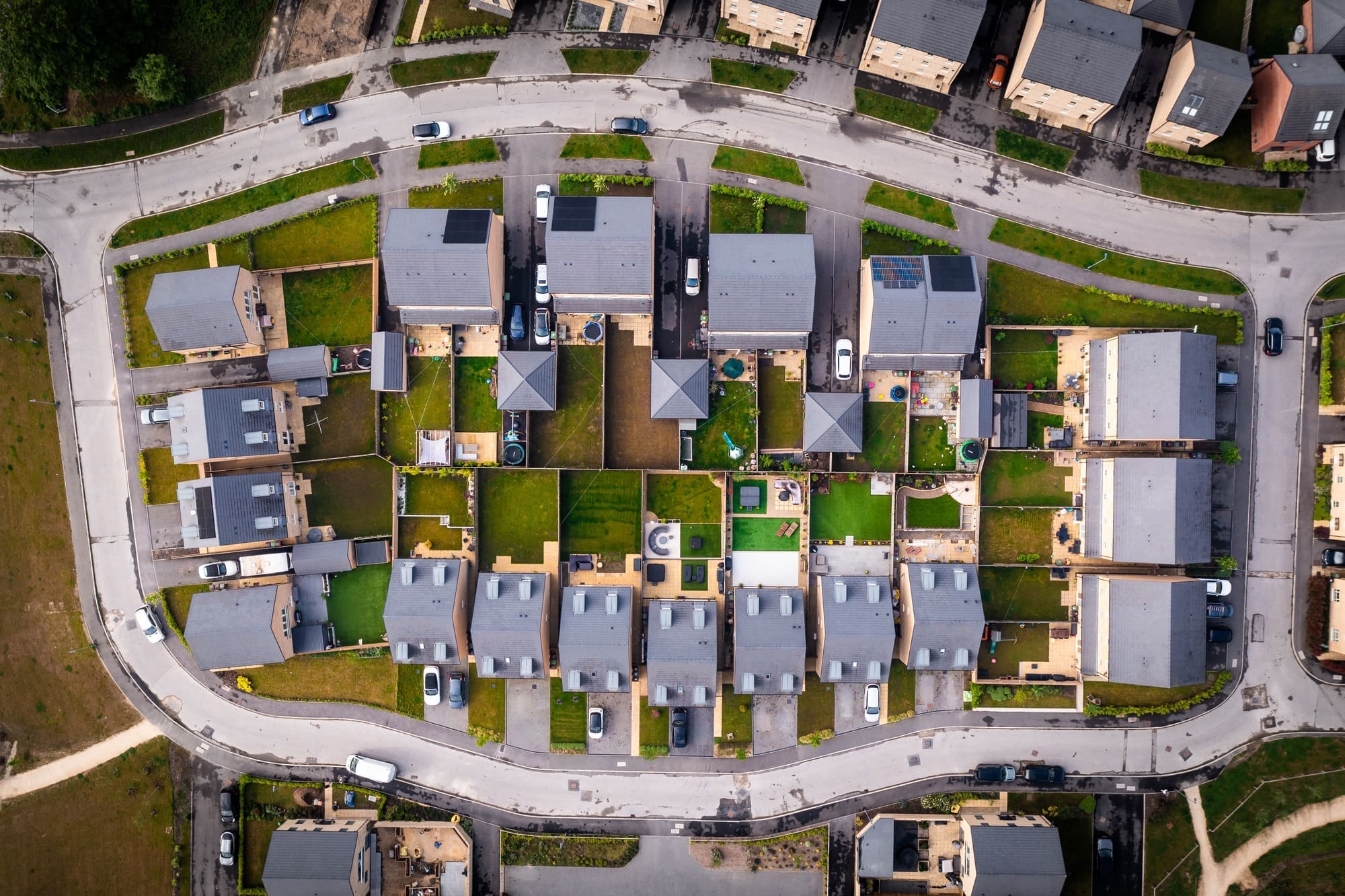 Aerial view directly above a new build housing estate in the UK