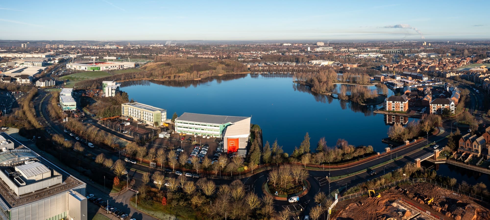 Aerial view of the lake at lakeside Village in Doncaster, UK