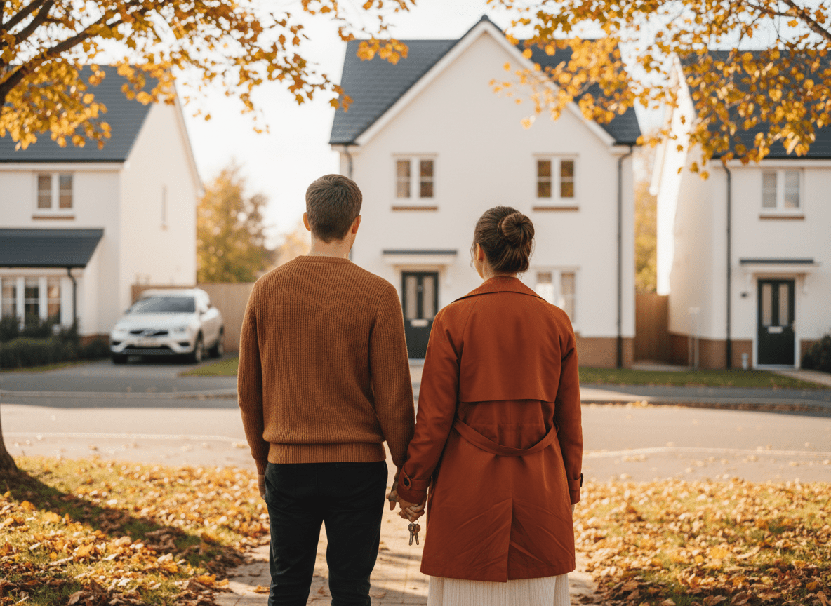 Couple holding house keys outside their new home after a successful property survey