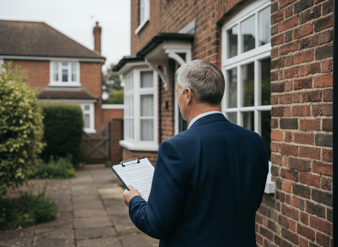 Surveyor inspecting exterior brickwork on a residential property
