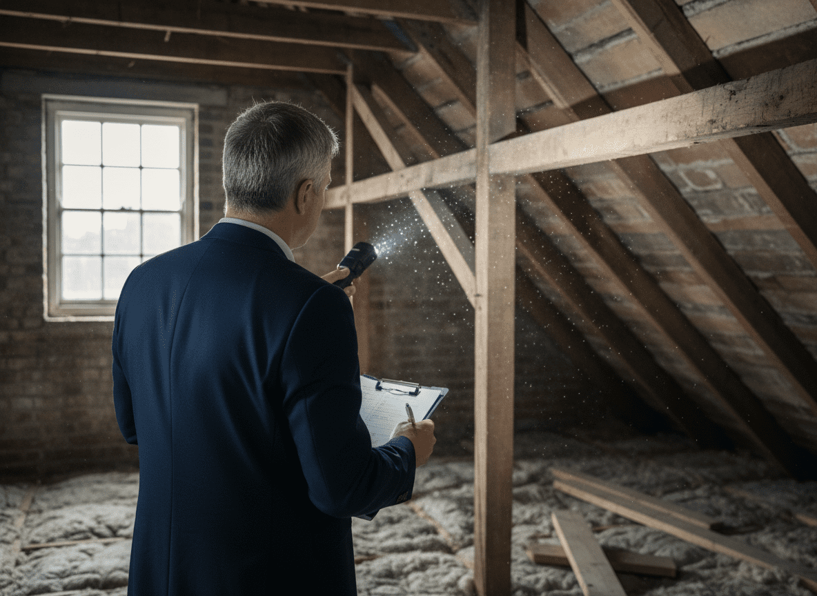 Surveyor examining roof timbers in a loft during a property inspection