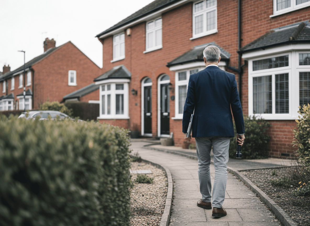 RICS surveyor walking towards a property for a building survey inspection
