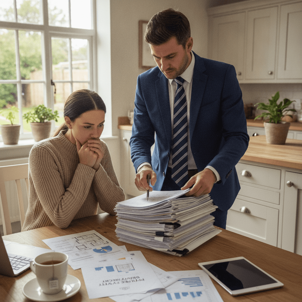 House buyer reviewing a property survey report with an estate agent at a kitchen table