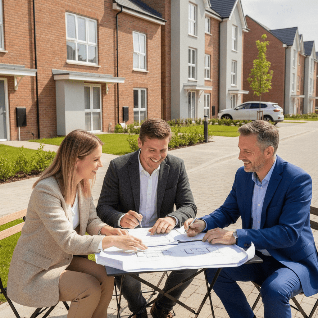 Couple reviewing shared ownership property documents with surveyor — Blue Blossom Surveys