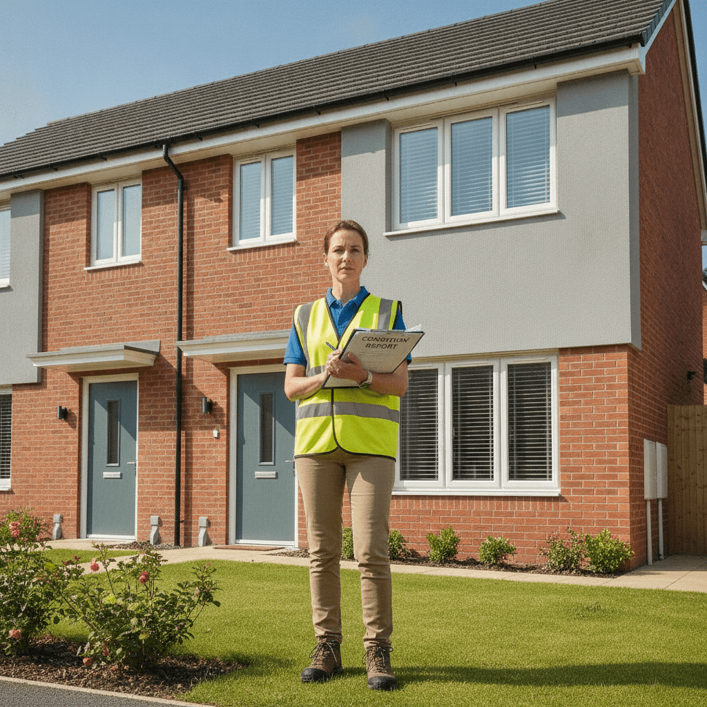 RICS surveyor standing outside a semi-detached house holding a condition report clipboard